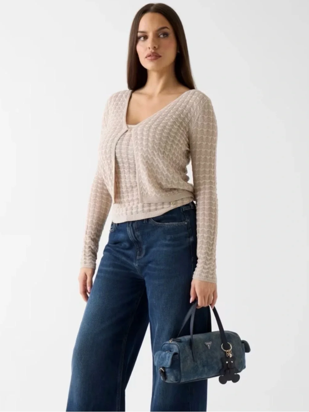 GUESS Navy Denim Barrel Satchel with Teddy Charm